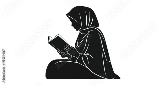 A monochromatic silhouette depicts a woman wearing a hijab intently focused on reading a book high quality professional detailed