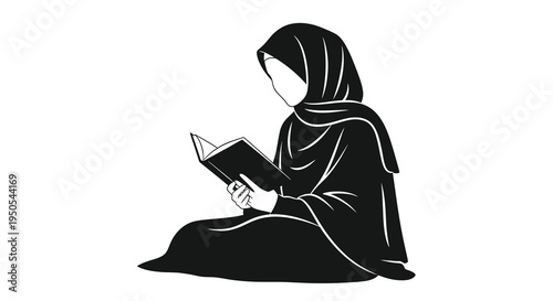 A striking black silhouette depicts a woman in traditional islamic attire reading an open book intently high quality professional
