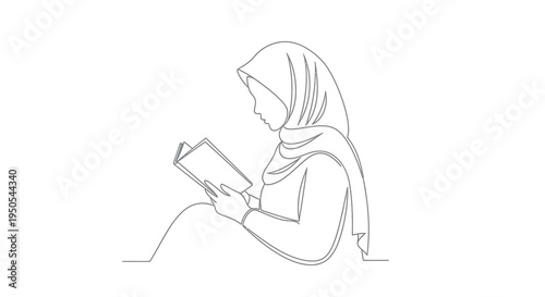 A continuous line drawing depicts a young woman wearing a hijab focused on reading a book intently high quality