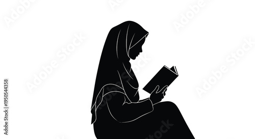 A striking silhouette depicts a woman in traditional islamic attire engrossed in reading a book high quality professional detailed