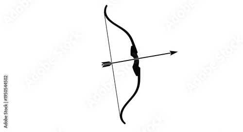 A minimalist black and white illustration depicts a classic recurve bow with an arrow nocked and ready high quality professional detailed