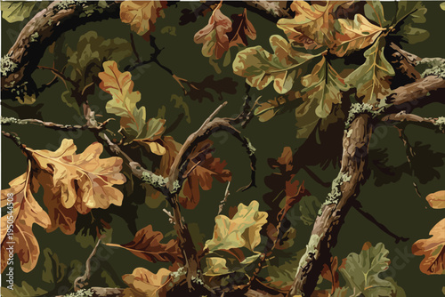 Realistic camouflage pattern with oak tree branches and leaves, showcasing the intricate details of nature in earth tones. the design is perfect for hunting gear or outdoor activities