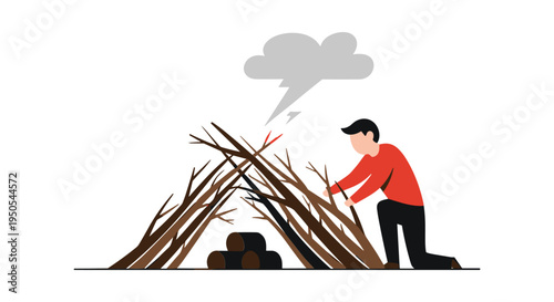 man building campfire near teepee tent in forest vector illustration