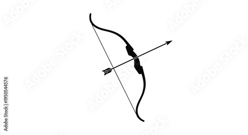 A minimalist black silhouette depicts a traditional recurve bow with an arrow nocked ready for aiming and release