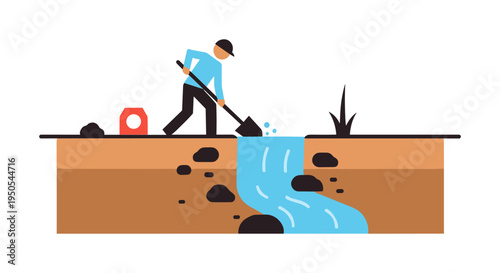 construction worker digging trench with shovel vector illustration