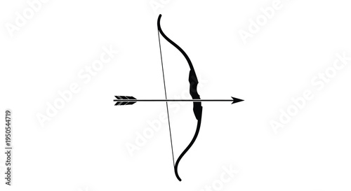 A stark black silhouette depicts a classic recurve bow with a drawn arrow symbolizing hunting and archery high quality