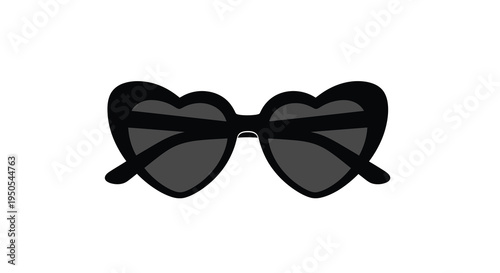 A striking graphic depicts a pair of black heart shaped sunglasses with dark lenses set against a white background