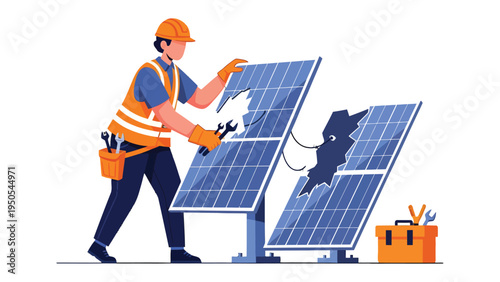 Solar Panel Repair: A skilled technician, equipped with tools and expertise, meticulously repairs damaged solar panels, highlighting the importance of sustainable energy and technological advancement.