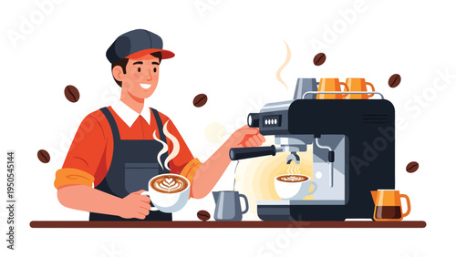 Barista's Coffee Craft: An illustrated scene of a barista expertly crafting coffee using a professional espresso machine, the aroma of fresh coffee beans filling the air.