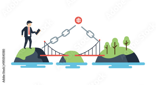 businessman crossing suspended bridge to success goal flat design vector illustration