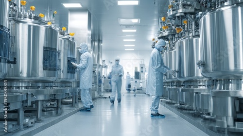 Pharmaceutical researchers working in sterile production facility with advanced laboratory equipment, cleanroom environment, and precision drug manufacturing process, highlighting science innovation, 