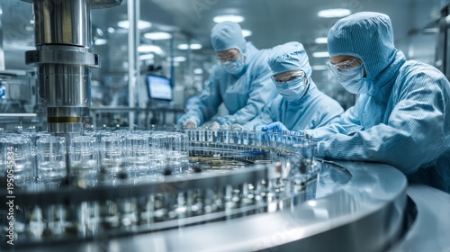 Pharmaceutical researchers working in sterile production facility with advanced laboratory equipment, cleanroom environment, and precision drug manufacturing process, highlighting science innovation, 