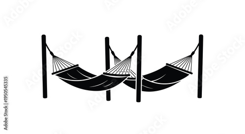A minimalist black and white illustration depicts three empty hammocks suspended between dark vertical posts suggesting relaxation high quality
