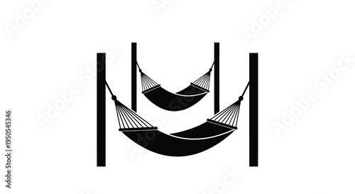 A minimalist black and white depiction showcases two hammocks suspended between sturdy upright posts evoking relaxation high quality professional detailed modern