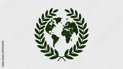 Green laurel wreath encircling a stylized earth globe representing global peace and environmental protection isolated on a white background