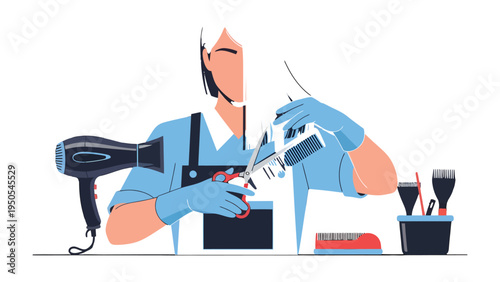 Hair Stylist at Work: A stylist meticulously styles hair, the tools of their trade neatly arranged, ready to create a masterpiece. Capturing skill, creativity, and the art of transformation.