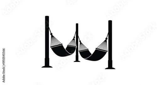 A minimalist black and white illustration depicts three hammocks suspended between four vertical posts evoking relaxation high quality professional