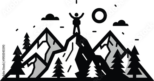 man standing on mountain peak with arms raised