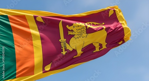 Sri Lankan flag waving in the wind with lion emblem