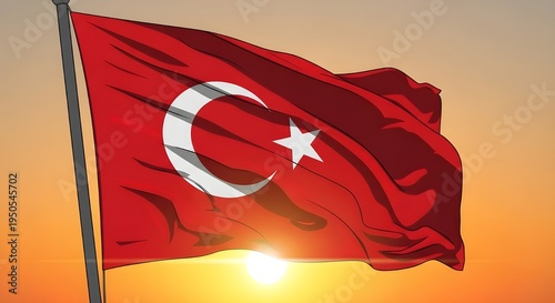 Turkish flag waving at sunset with crescent moon and star symbol