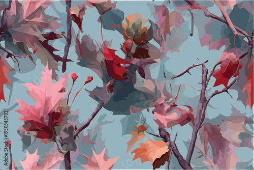 Realistic camouflage pattern with tree branches, tree foliage, and leaves. Forest background. Jungle texture. Digital camouflage. Abstract. Real tree hunting camouflage pattern. Tree, leaves and stems