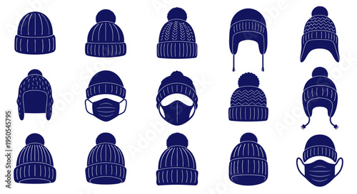 Winter Hats Collection: Beanies, Trapper Hats, and Face Masks - Dark Blue Icons