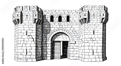 Ancient Stone Castle Gatehouse with Towers and Archway