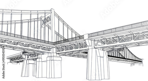 Architectural Sketch of a Suspension Bridge, Detailed Line Drawing on White Background