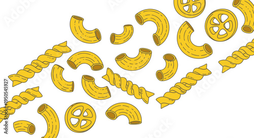 Assorted Dry Pasta Shapes Scattered on White Background - Italian Food Illustration