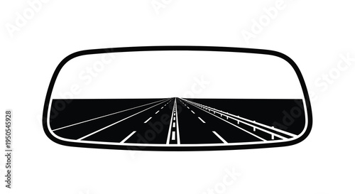 A black and white illustration depicts a view through a car s rear view mirror showing a long straight highway