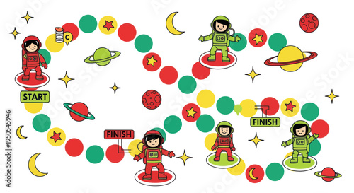 Astronauts playing a space-themed board game with planets, stars, and moons.