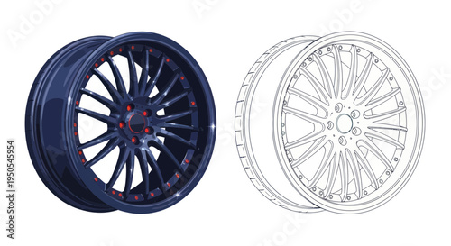 Automotive Alloy Wheel Design: Glossy Blue Rim and Sketch Outline