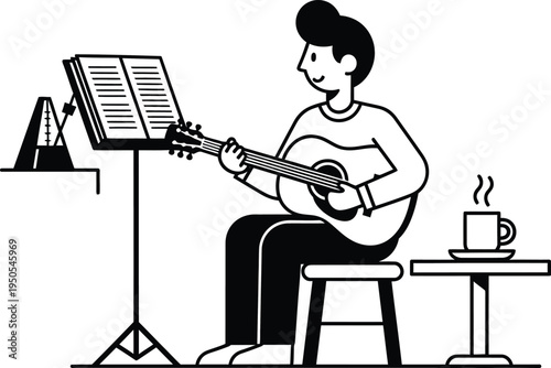 man playing guitar with sheet music