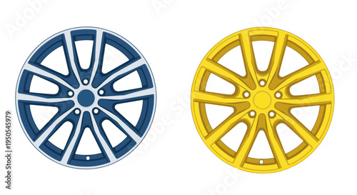 Blue and Yellow Car Wheels, Alloy Rims, Customization, Automotive Parts