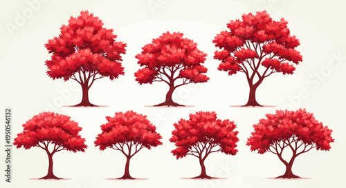 Collection of Seven Vibrant Red Leaf Trees Isolated on White Background