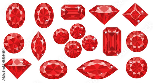 Collection of Sparkling Red Gemstones in Various Cuts on White Background