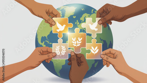 Diverse hands assembling puzzle pieces with peace and agriculture symbols around a globe representing global unity and cooperation for a better world