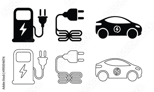 Electric vehicle charging station icons with cars and plugs  ecofriendly transportation symbols