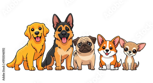 Cute Cartoon Dogs Collection: Golden Retriever, German Shepherd, Pug, Corgi, Chihuahua