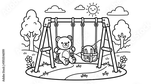 Teddy bear sitting on swing set.