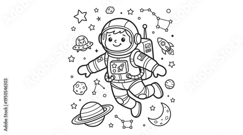 Smiling astronaut in space suit flying.