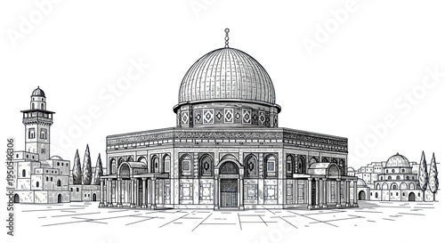 Dome of the Rock Mosque Jerusalem Sketch Line Art