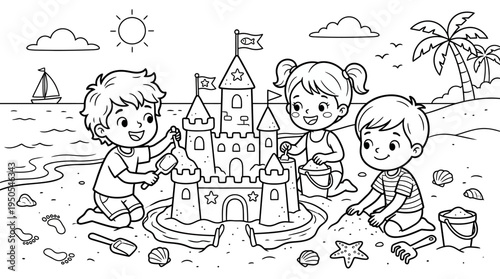 Children building sand castle together.