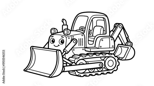 Smiling cartoon bulldozer with shovel.
