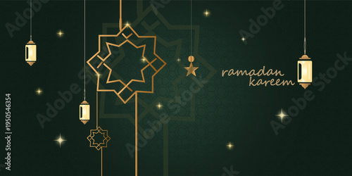 Ramadan Kareem design on green Islamic background with gold ornament star, moon, mosque, lanterns and islamic elements. Suitable for raya and ramadan template concept.