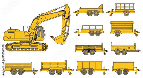 Excavator and Various Yellow Trailers Set - Construction and Transport Equipment