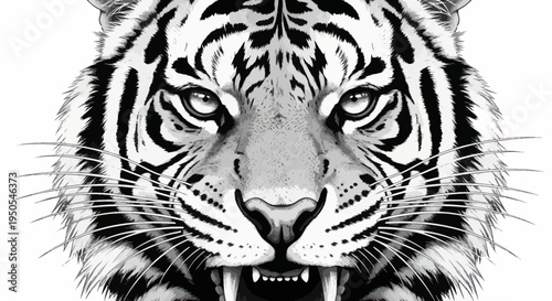 Fierce Tiger Face Close-up, Black and White Illustration, Roaring Mouth Open