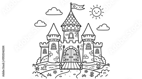 A medieval castle with towers.