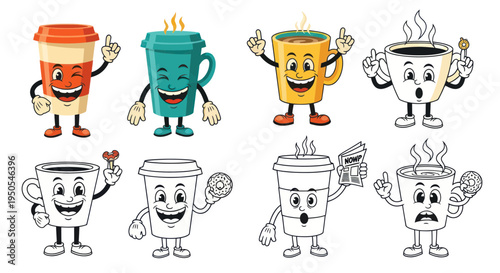 Funny Coffee Cups Characters with Expressions and Food