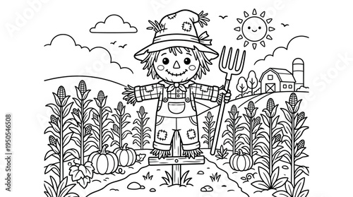 Smiling Scarecrow in a Field Holding Pitchfork.
